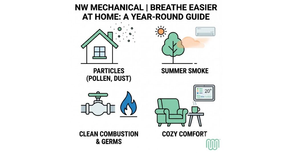 NW Mechanical guide to indoor air quality: particles such as pollen and dust, summer wildfire smoke, germs, and odours in Seattle and Eastside homes