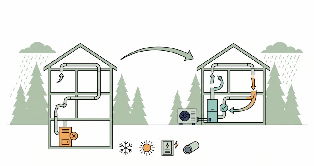 Diagram comparing an older gas furnace with a ducted heat pump installation in a Seattle or Eastside home